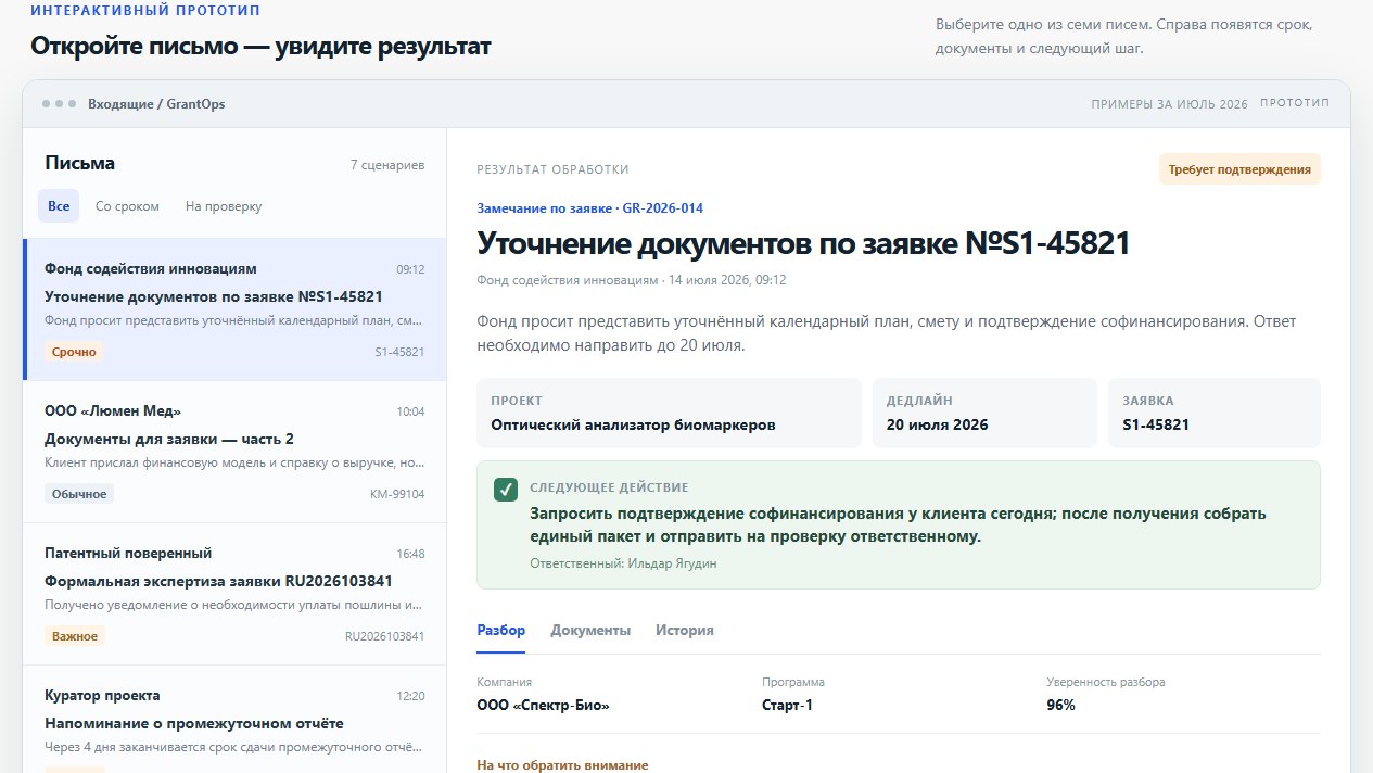 Интерактивный прототип GrantOps: список писем и карточка результата обработки со сроком, документами и следующим шагом
